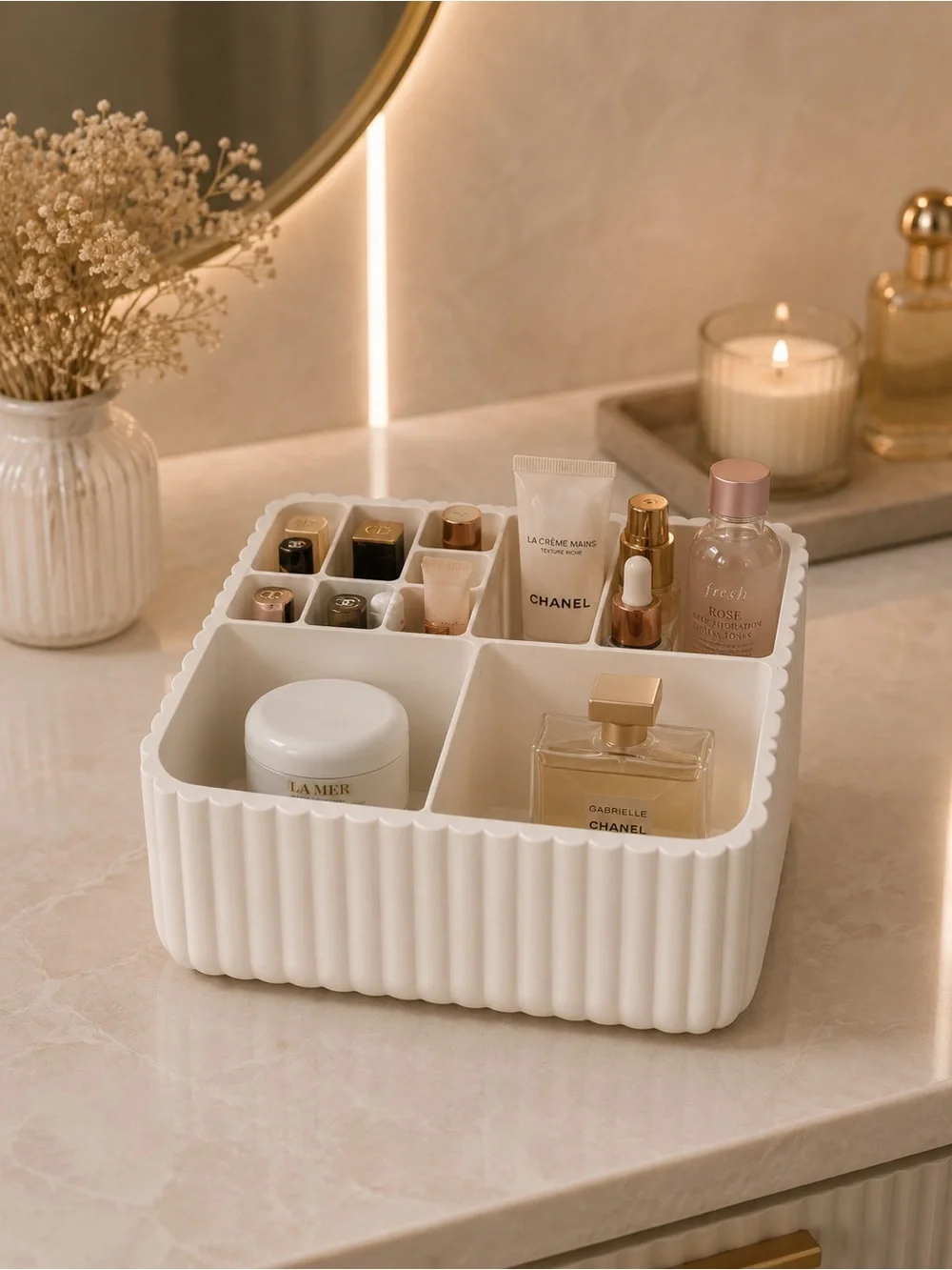 Cream Ribbed Vanity Organizer - 4-Compartment Makeup & Skincare Caddy